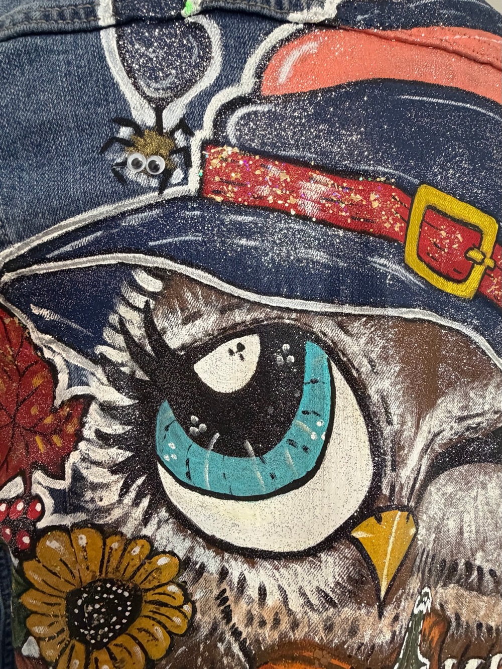Size L Hand Painted Halloween Owl Denim Jacket • One of a Kind Wearable Art